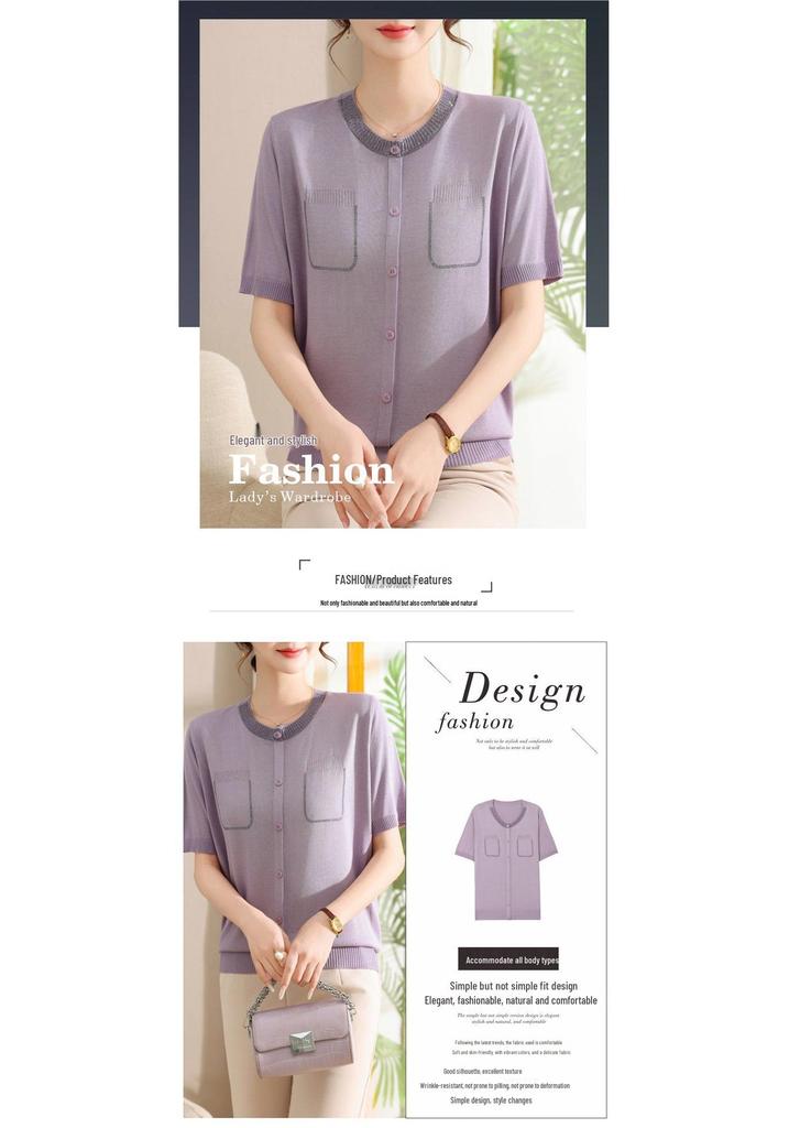 Elegant Ice Silk Short-Sleeve Knitted Top for Middle-Aged Women