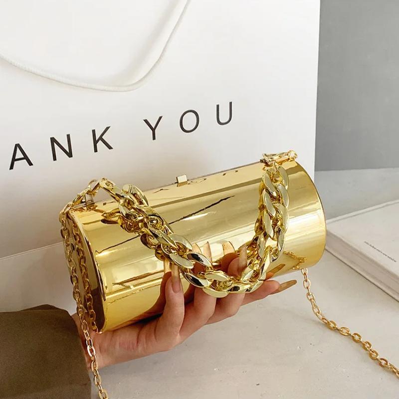Schoolbag Women's Silver Handbag Bags For 2026 Party Clutches Fashion Cylinder Mini Evening Purse Crossbody Shoulder Bag Gold Box Clutch