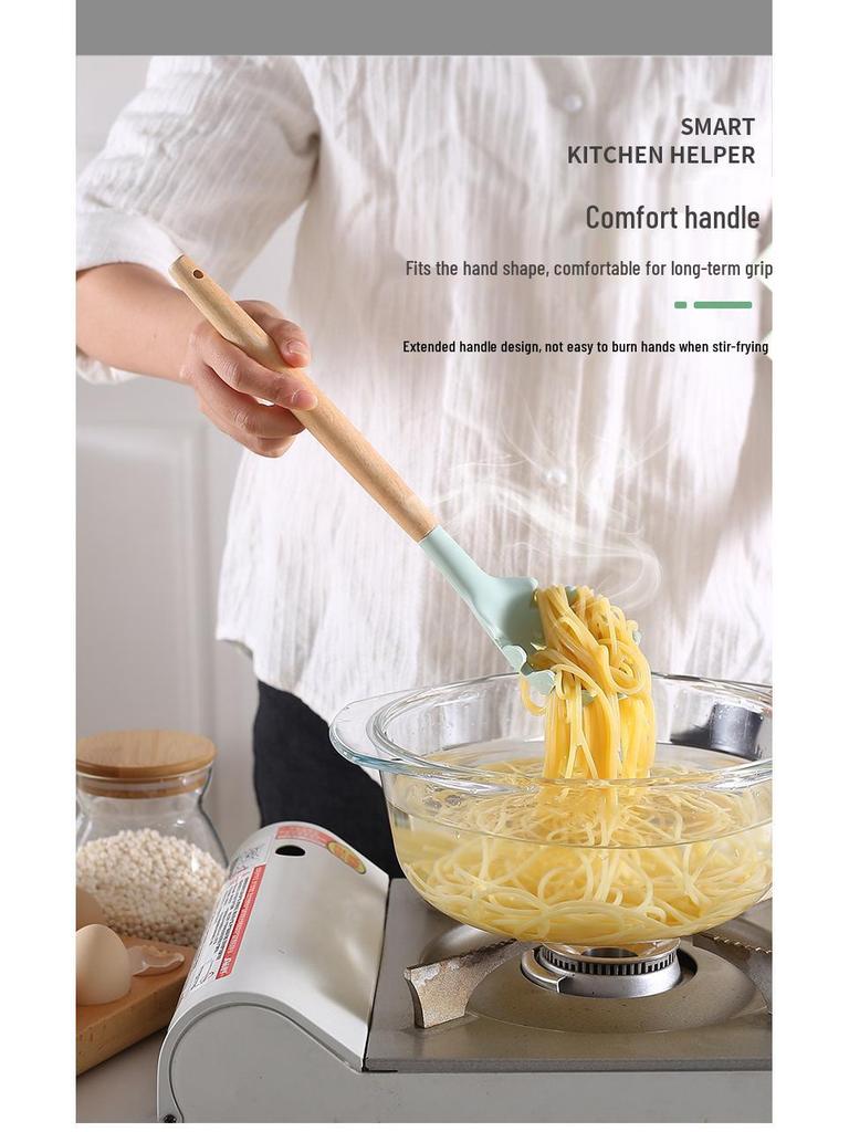 Sada kuchyňského náčiní: 12dílná žáruvzdorná silikonová sada s dřevěnými rukojeťmi a úložným kontejnerem