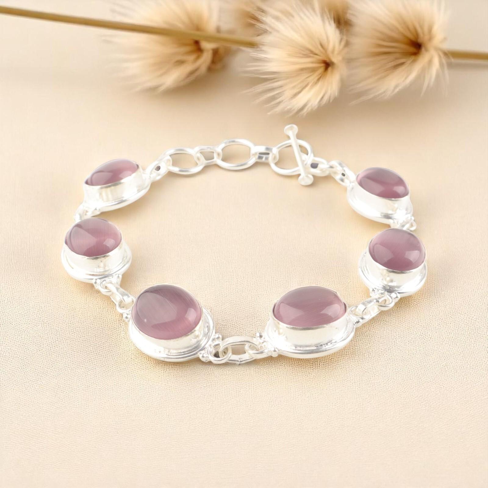 

Natural Purple Cat s Eye Gemstone 925 Sterling Silver Handcrafted Bracelet 8.5 RB-3-27