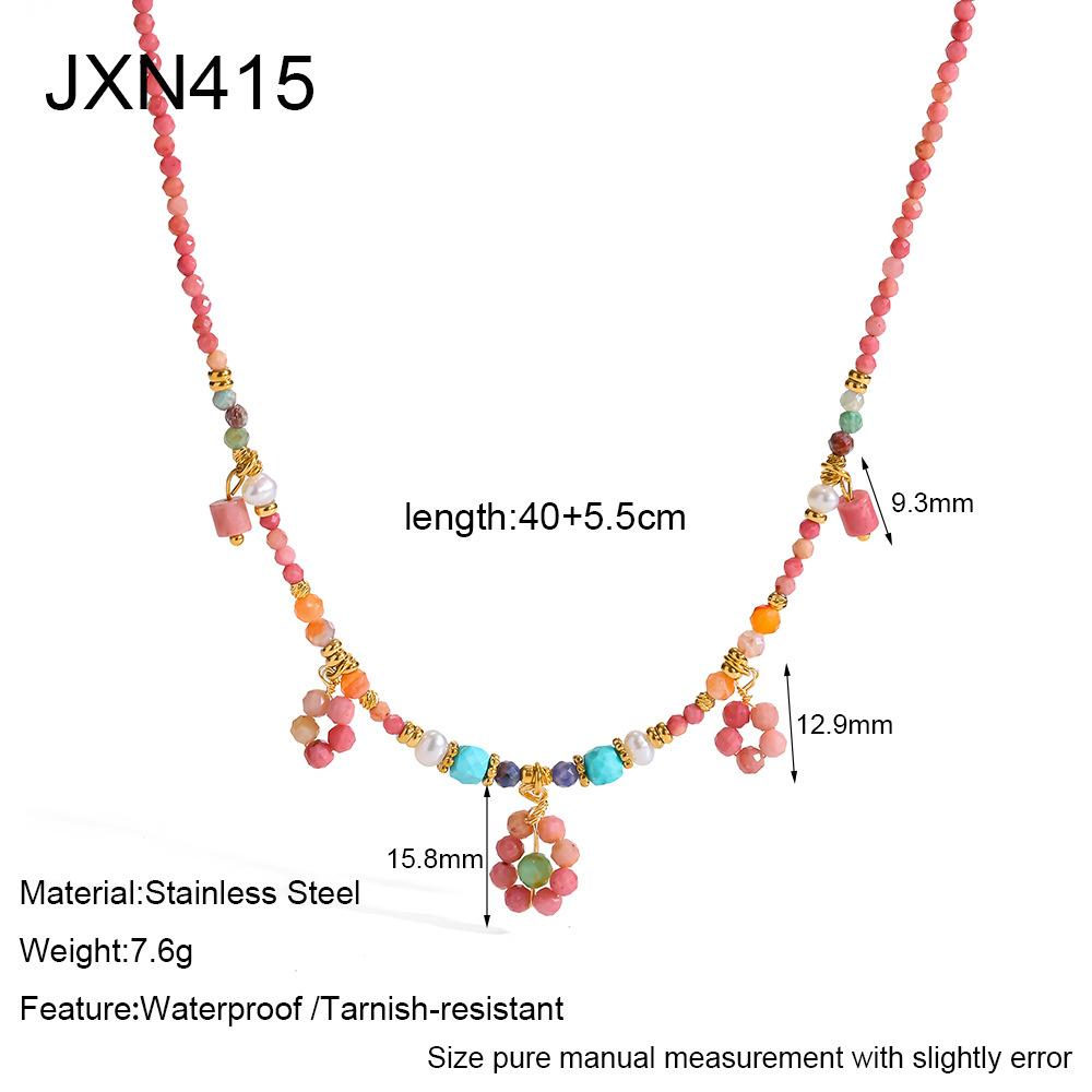 European and American colored natural stone beaded necklace gold-plated stainless steel flower pendant commuter versatile vacation style neck jewelry
