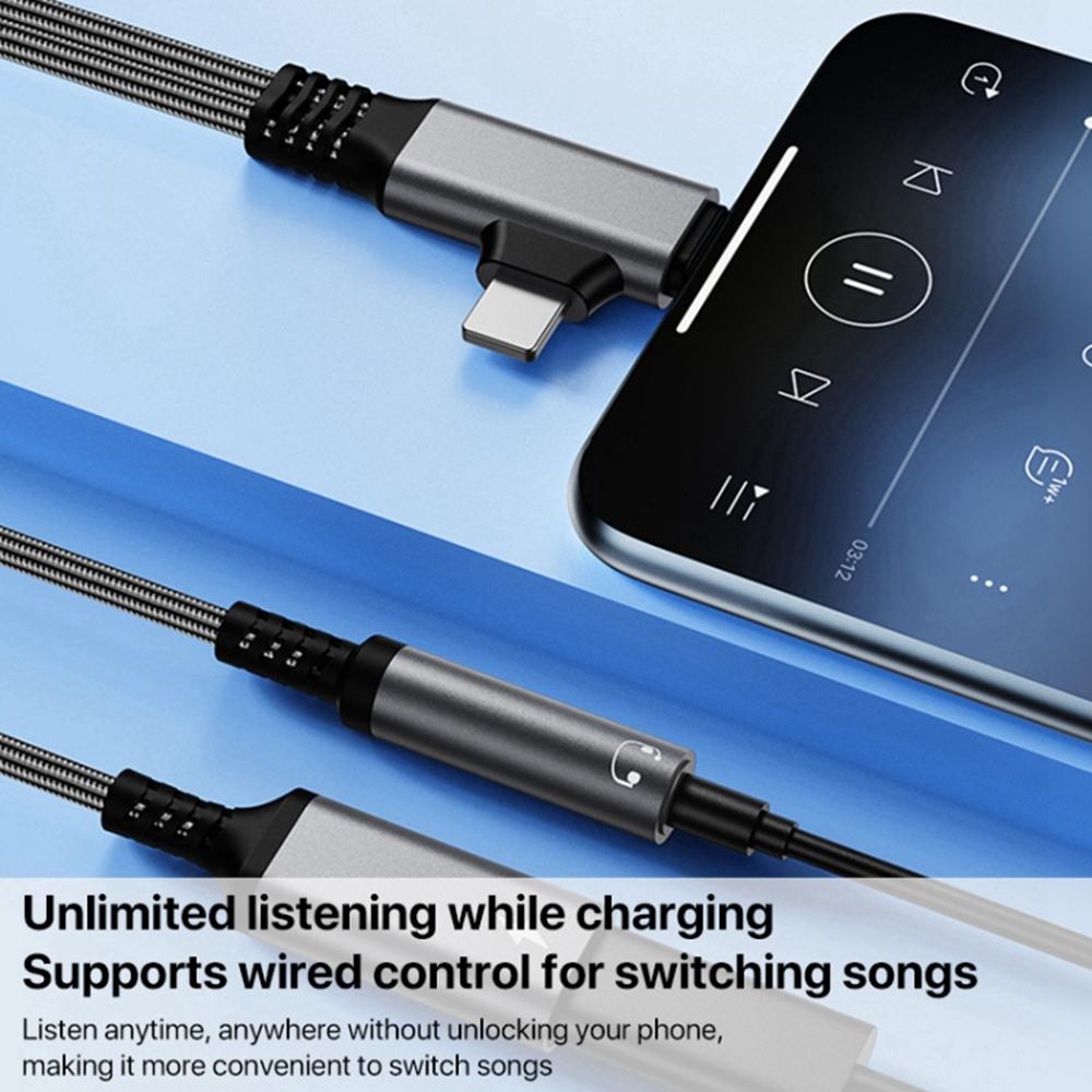 L-Shaped iP/USB-C to 3.5mm Female + Type-C Charging Cable Audio Charging Adapter