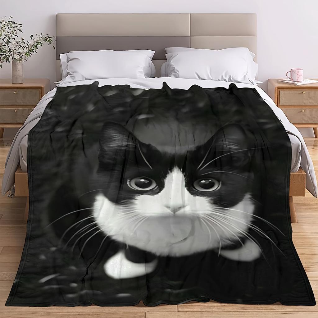1pc Cat Lovers Black White Cat Blanket - Super Soft for Couch, Bed, Office - Cozy Warm Gift for Christmas, Thanksgiving