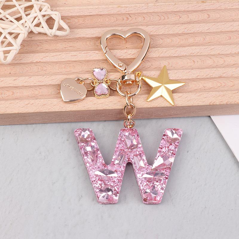 Cute  Bling Keychain A To Z Initial Letter Love Heart Star Pink For Women Girls Bag Cup Pendant Key Chain Accessories