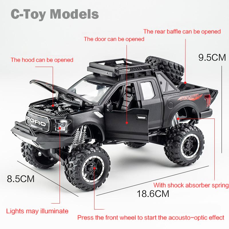 Model auta Ford Raptor F150 v měřítku 1/32, stahovací autíčko se zvukem a světlem pro děti Batole Kluci Dívčí Dárková kolekce