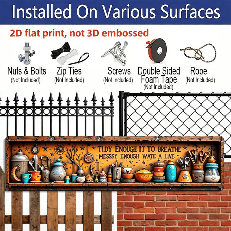 2D Flat, Rustic Wall-Mounted Shelf Aluminum Decorative Sign with Vintage Kitchen Utensils & Motivational Quote - Pans Display Suitable for Kitchens