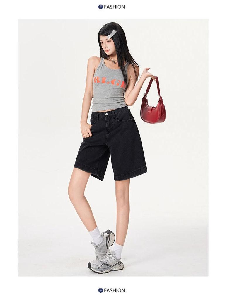 Retro Spicy Girl Elastic Waist Five-Point Denim Shorts – Women's Summer Mid-Length Wide-Leg Pants
