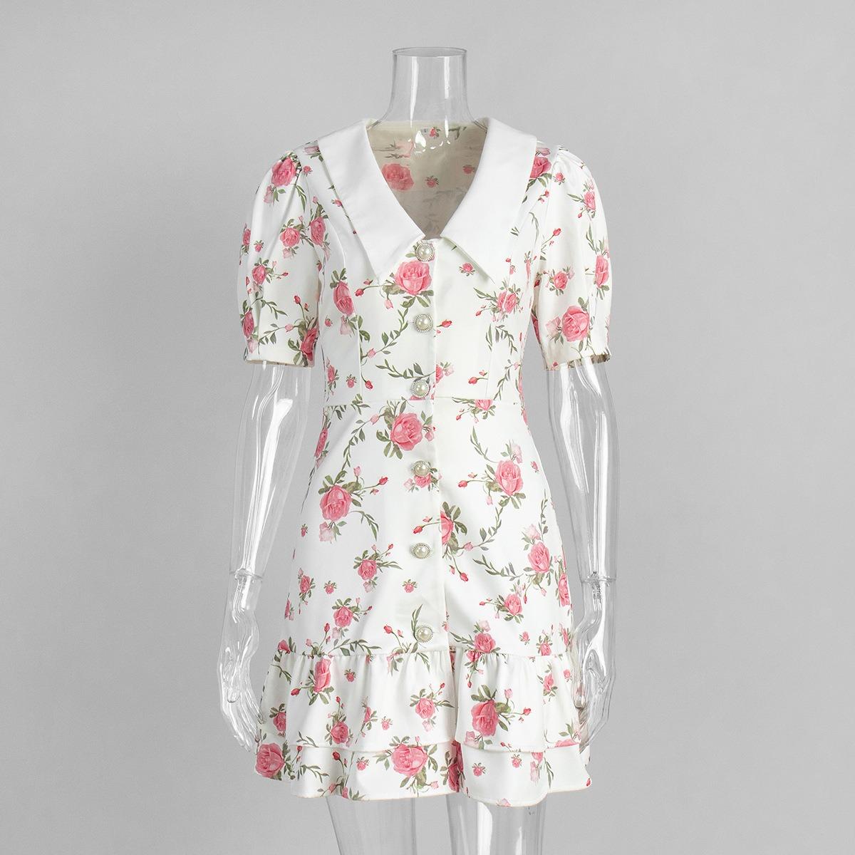 Summer French Style V-neck Puff Sleeve Waist Cinched Printed Ruffle Short Dress for Women S розовый