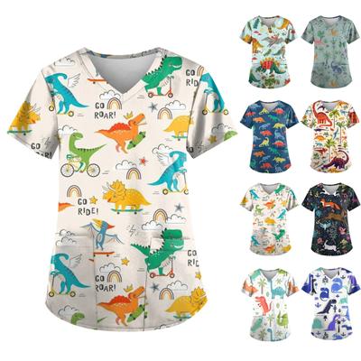 Uniforme de travail imprimé dinosaure grande taille, hauts pour femmes, T-Shirts à manches courtes et col en v, vêtements de travail avec poches