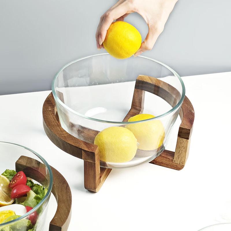 Glass Fruit Bowl with Solid Wood Stand