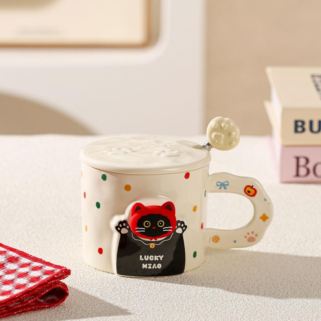New Birthday Naughty Cat Water Cup Cartoon Ceramic Mug with Lid Spoon Cartoon Drinking Cup Gift Set Gift Box