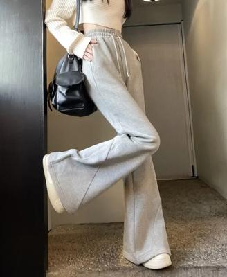 Korean Style Grey Brushed Pants Women Gyaru Kpop Wide Leg Flared Sweatpants Y2k American Retro Oversize Jogger Trousers