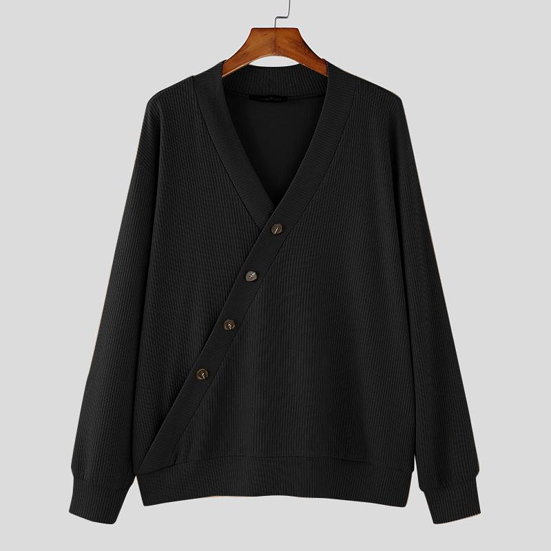 

INCERUN Мужской свитер с V-образным вырезом и длинным рукавом, с перекрестными пуговицами спереди, трикотажный топ из рубчика 5XL чёрный