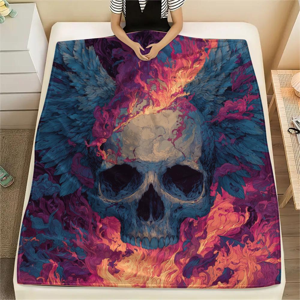 Winged Skull Print Flannel Blanket, High Quality Comfortable for All Seasons, Home Decor, Warmth and Comfort