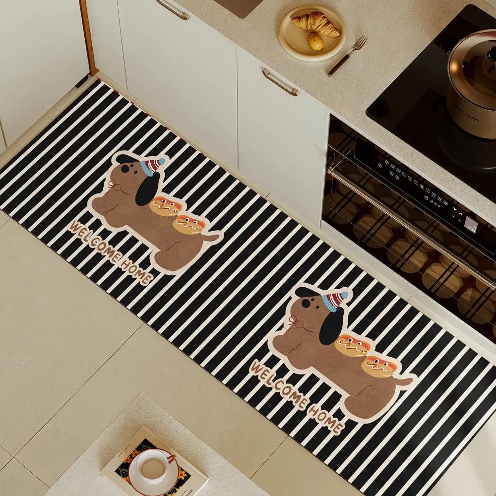 Cartoon Dog Kitchen Carpet Mat Non Slip Striped Pattern Rug Welcome Home Funny Floor Mat Soft Washable for Kitchen Decor Use