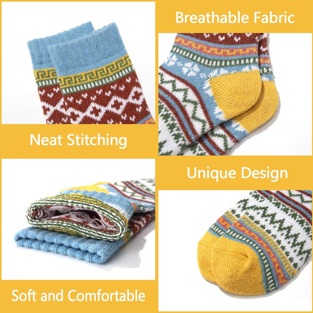 5 Pairs Winter Women Socks Vintage Style Knit Wool Casual Socks Thick Warm Colorful Socks