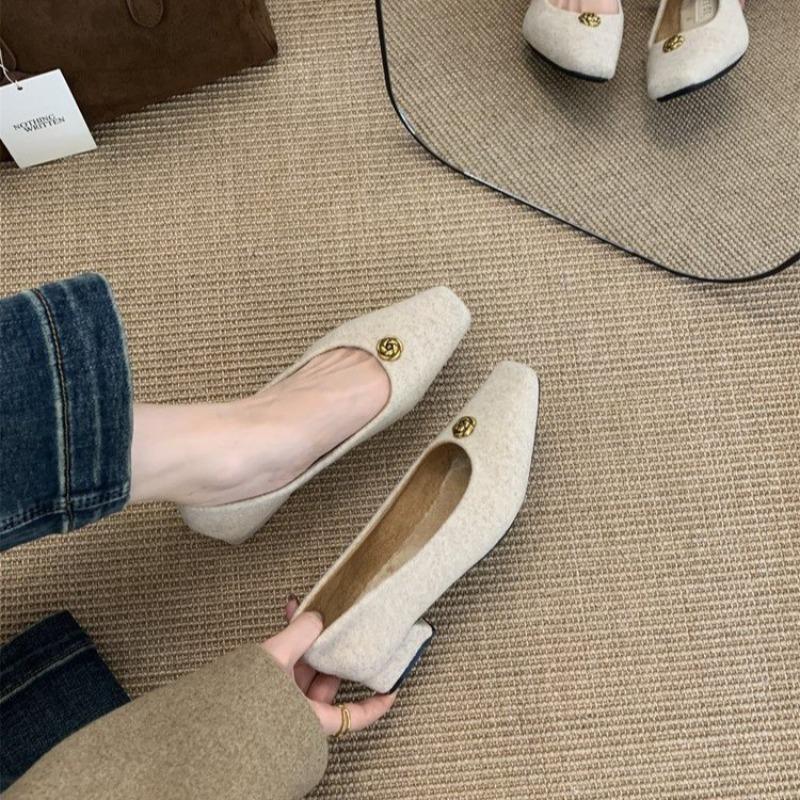 Spring New Low Heel Single Shoes Women's Fashion Square Head Shallow Mouth Suede Metal Buckle Non-slip Low Top Shoes