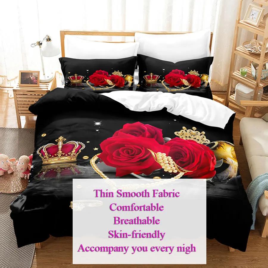 Comforter Red Roses Queen Size King Full 3D Bedding Sets Flower Quilt Linens Single Double Bed