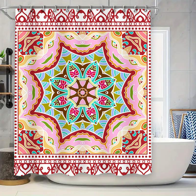 

White Floral Pattern Shower Curtain Red Decorative Waterproof Bathroom Accessory Home Decoration Solid Bath Mat Kit For Bathtub W60H190(CM)-1 Pcs