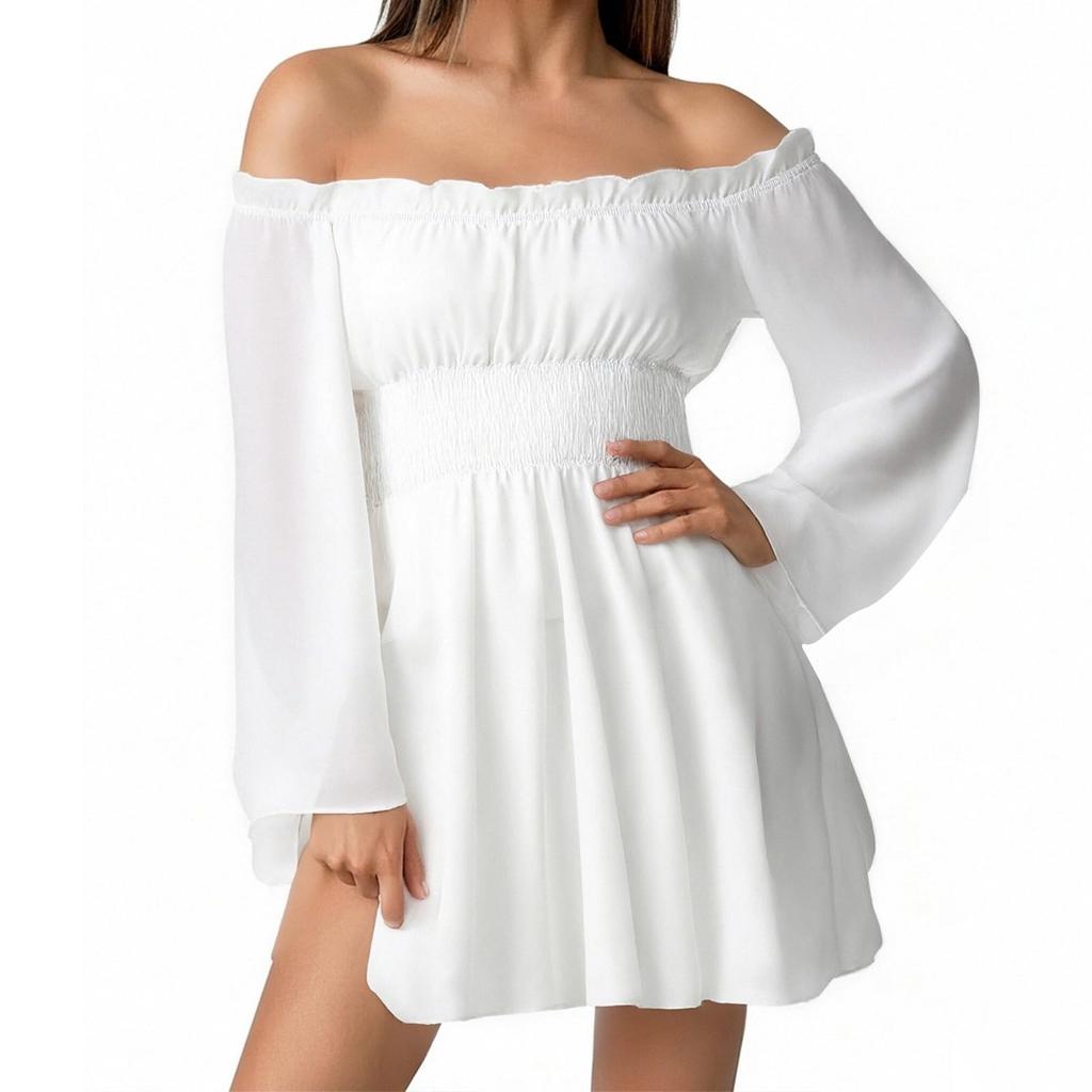 Women's Fashion Off-Shoulder Tie-Detail Pleated Long-Sleeve Fitted -Color Short Dress