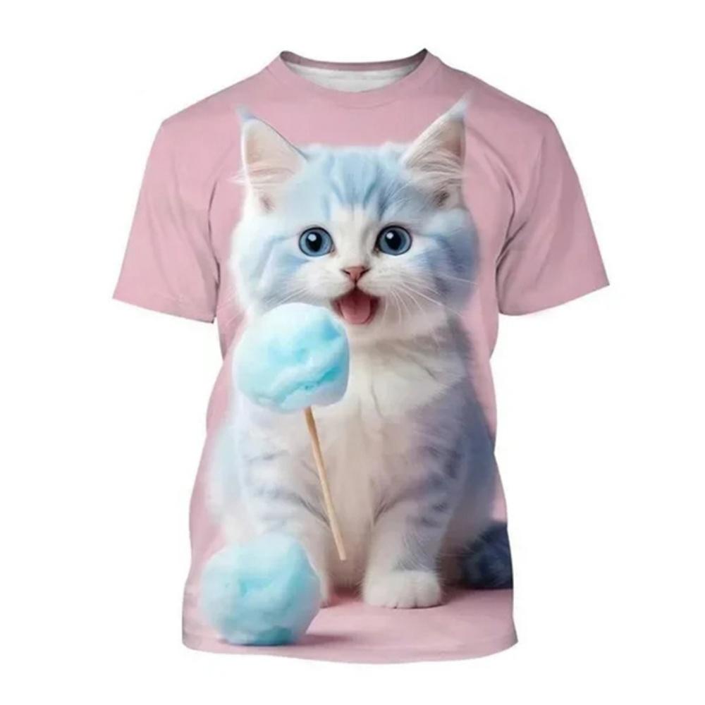 Fashion Korean Cute Cat Print Tees Children Girls Summer Clothes Kawaii Crew Neck