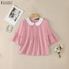 ZANZEA Womens Doll Collar Loose Casual 3/4 Sleeve Blouse
