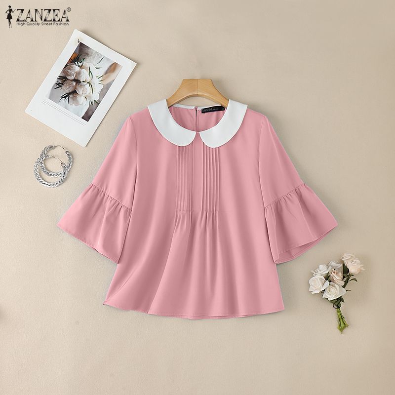 ZANZEA Womens Doll Collar Loose Casual 3/4 Sleeve Blouse
