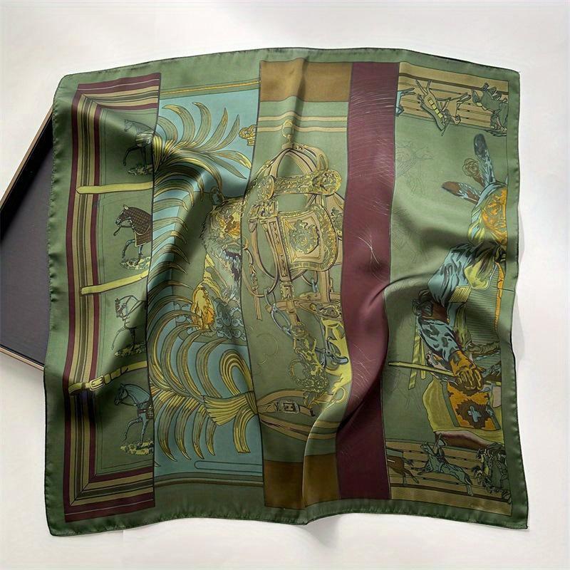 Spring Summer Retro Horse Print Neckerchief Green Square Scarf Women Breathable Imitation Silk Neckerchief