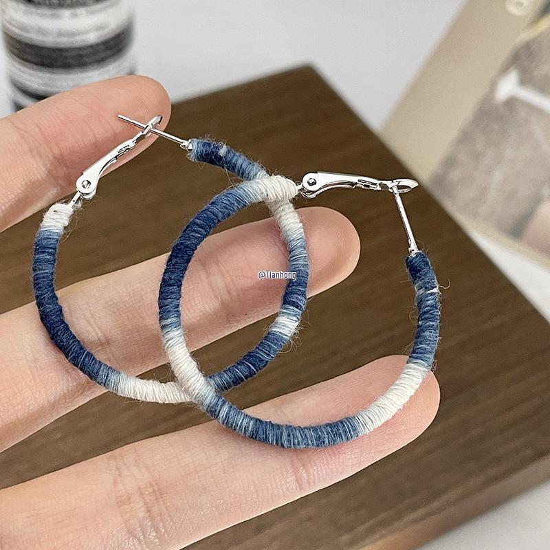 Verlaufend Blaue Handgefertigte Baumwollfaden-Ohrringe - Vintage Minimalistisch Chinesische Hänge-Creolen für Frauen