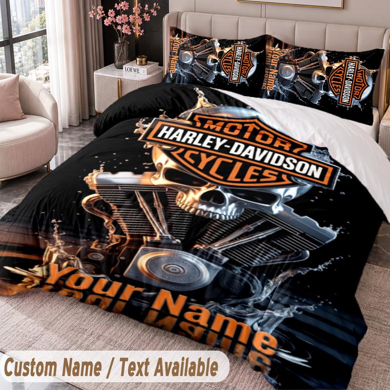 Harley-Davidson Printed Bedding Set Custom Name Text 1 Duvet Cover 2 Pillowcases For Bedroom