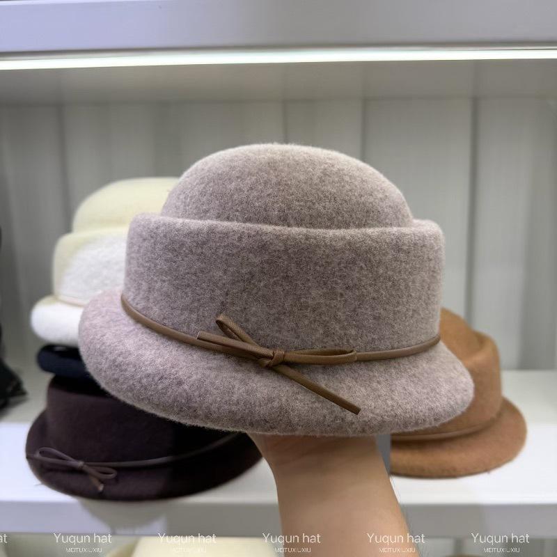 Qianjin wind concave top shape wool top hat women's autumn and winter bow crimped basin hat temperament fashion hat fisherman hat