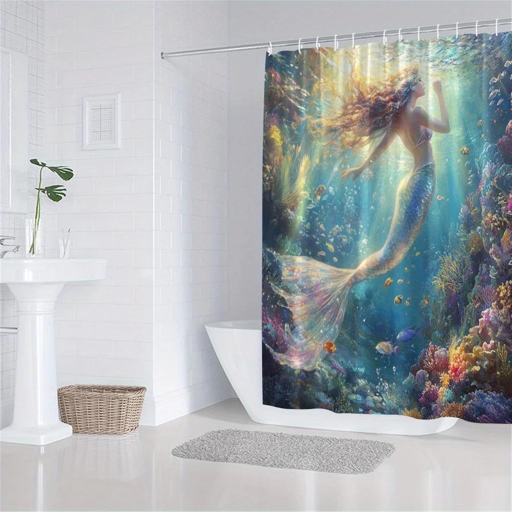 Enchanting Mermaid Shower Curtain - Vibrant Underwater Coral Reef Design For Modern Bathroom Décor, Waterproof & Easy Care