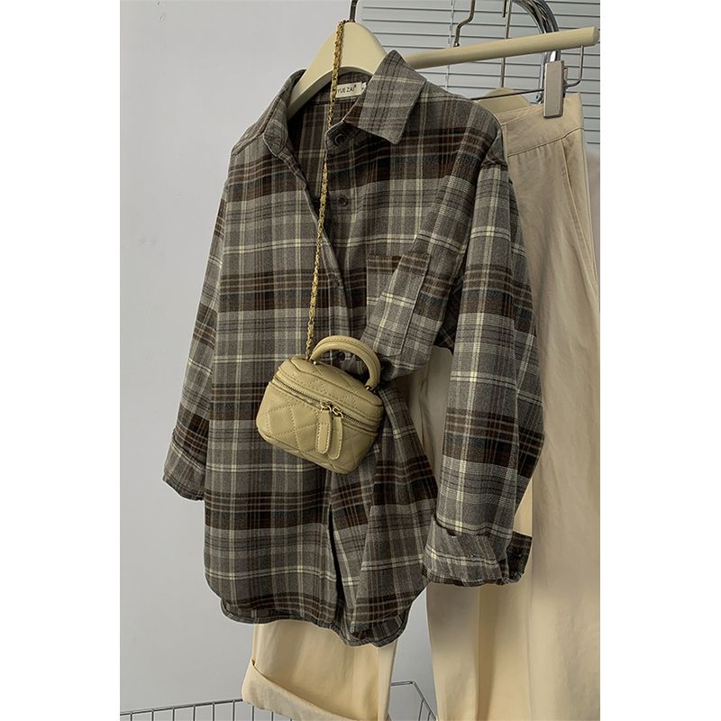 

Ретро клетчатая рубашка-пальто с длинным рукавом женская 2025 весна и осень новая ленивый ветер легче всего сочетать тонкая рубашка с воротником поло топы Lattice S