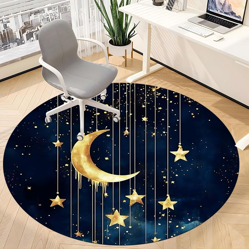 1PC Moon Stars Office Round Area Rug, Mat Suitable For Office, Under Office Chairs Bedroom Living Room Home Decor, Room Deco