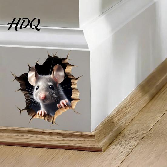 Decorazione da Parete Divertente per Ufficio in Casa Decalcomania Grigia con Topo che Sbircia Adesivo Decorativo Rimovibile Effetto Buco 3D per Bagno Vetro PVC Arte Soggiorno
