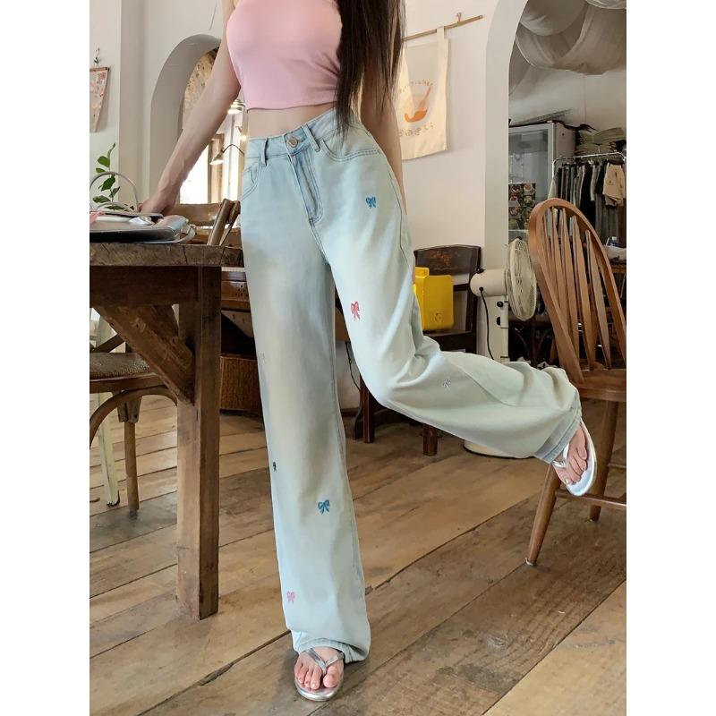 2024 New High Waist Denim Trousers Women Summer Design Sense Bow Embroidery All-Match Wide Leg Mop Pants Fashion