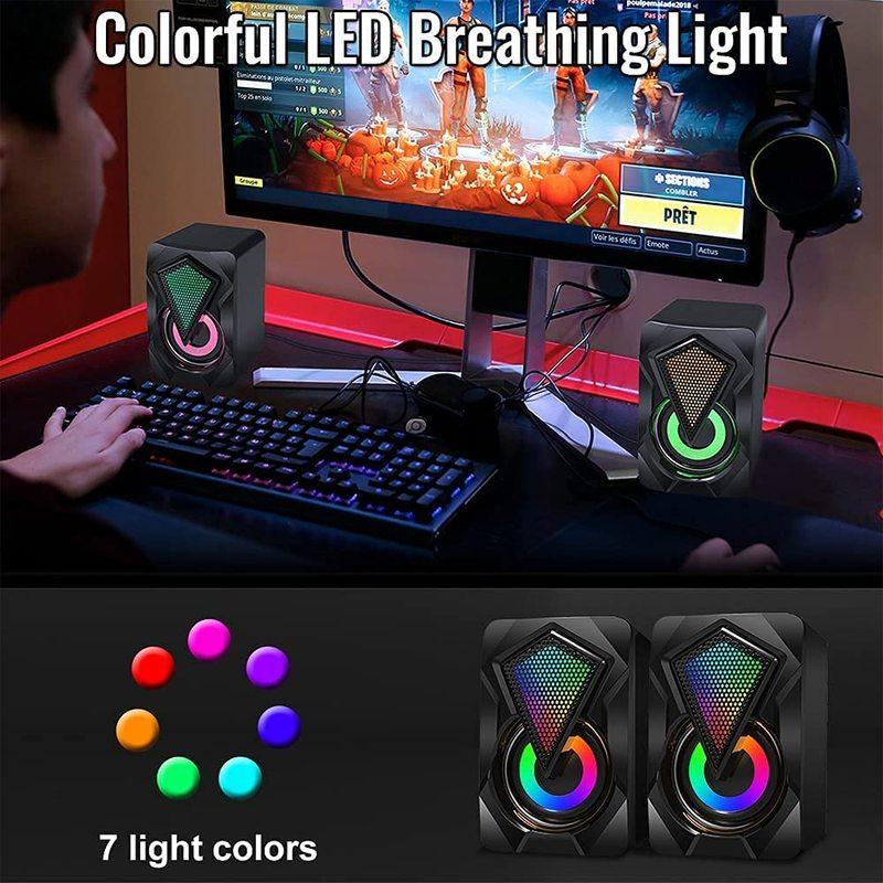 Computer Speaker with Colorful RGB Lights USB Powered 3.5mm Aux- in Mini Crystal Sound Speakers for Desktop Laptop Monitor Black