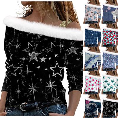 Women's Long Sleeve Tops Fashionable Women's Loose Print Off Shoulder Pullover