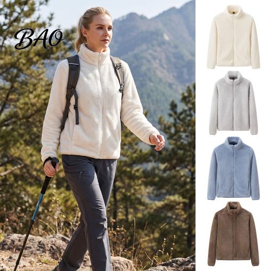 Lightweight Warm Jacket Women Zip-Up Fleece Jacket, Stand Collar Long Sleeve Loose Casual Outerwear Coat, Solid Color for Fall Winter