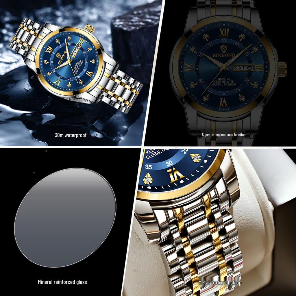 Binbang Men's Waterproof Quartz Watch with Luminous Dial, Rhinestone Accents, Dual Calendar, and Steel Strap.