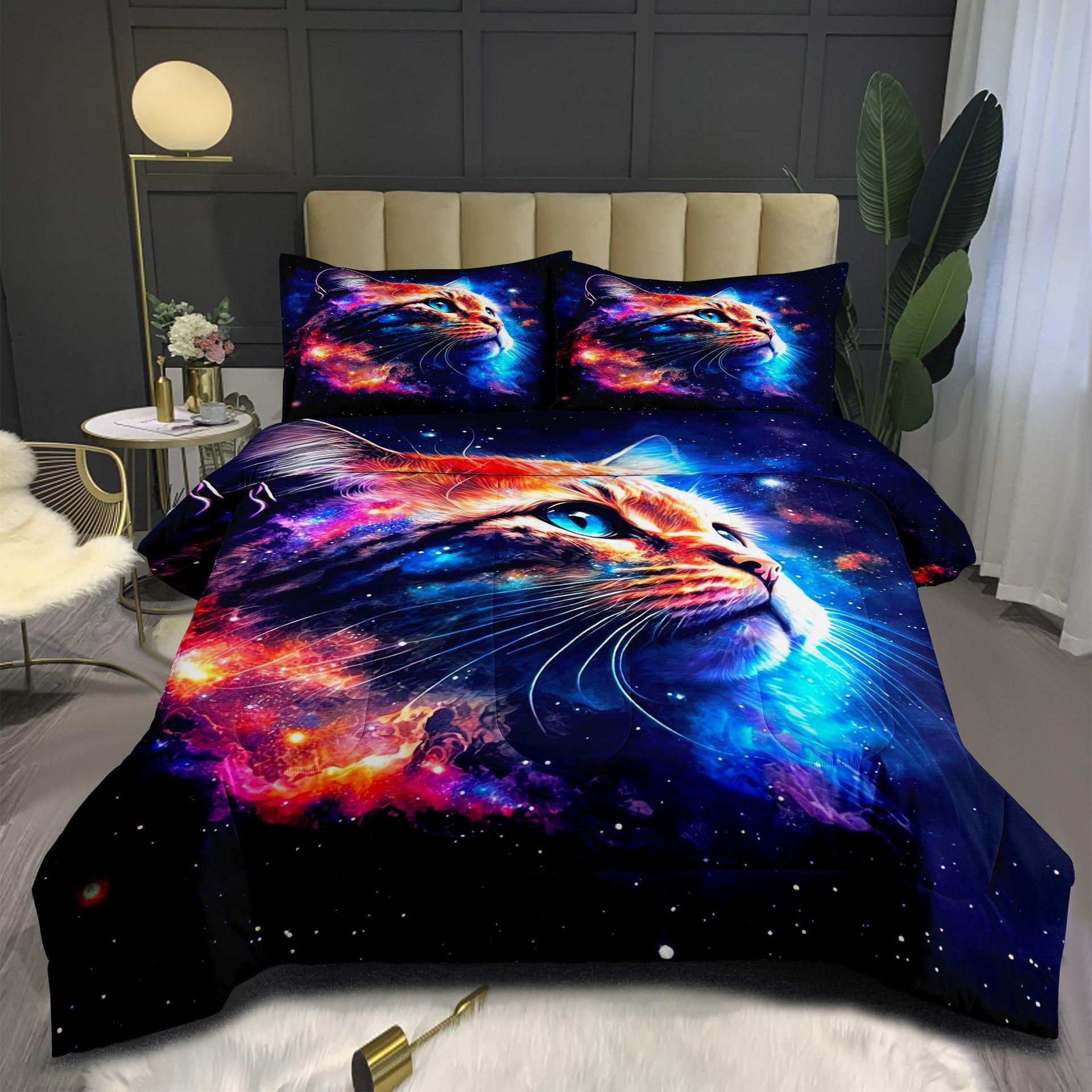 Cute Pet Cat 3d Digital Printing Thickened Feather Silk Quilt Fat Quilt Printing Quilt Cover Three-piece Set 140*200cm