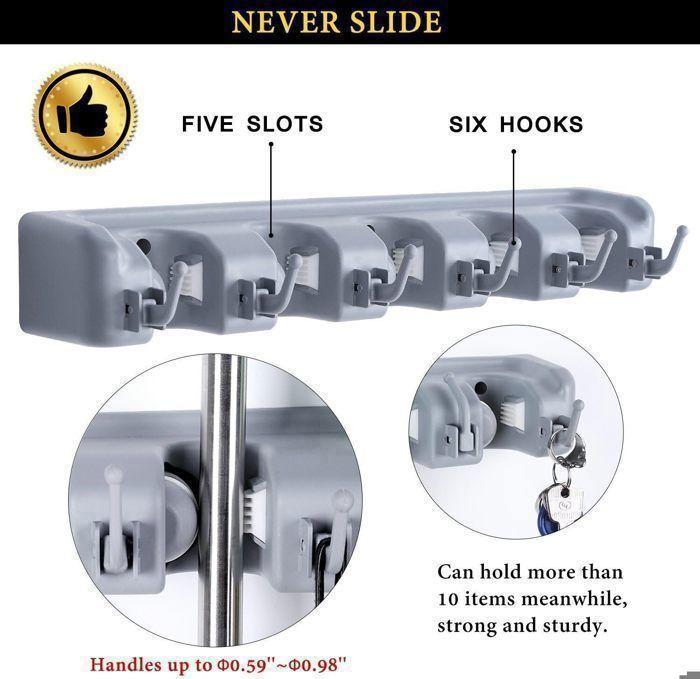 FOOTIER Wall-Mounted Broom Holder with 5 Slots and 6 Multi-Purpose Hooks, Wall-mounted Broom Holder, Wall-mounted Broom Support, Wall Hook