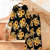 Floral Print Print Two Piece Outfit Women Long Sleeve Irregular Hem Tunic Top Wide Leg Pants Casual Matching Set