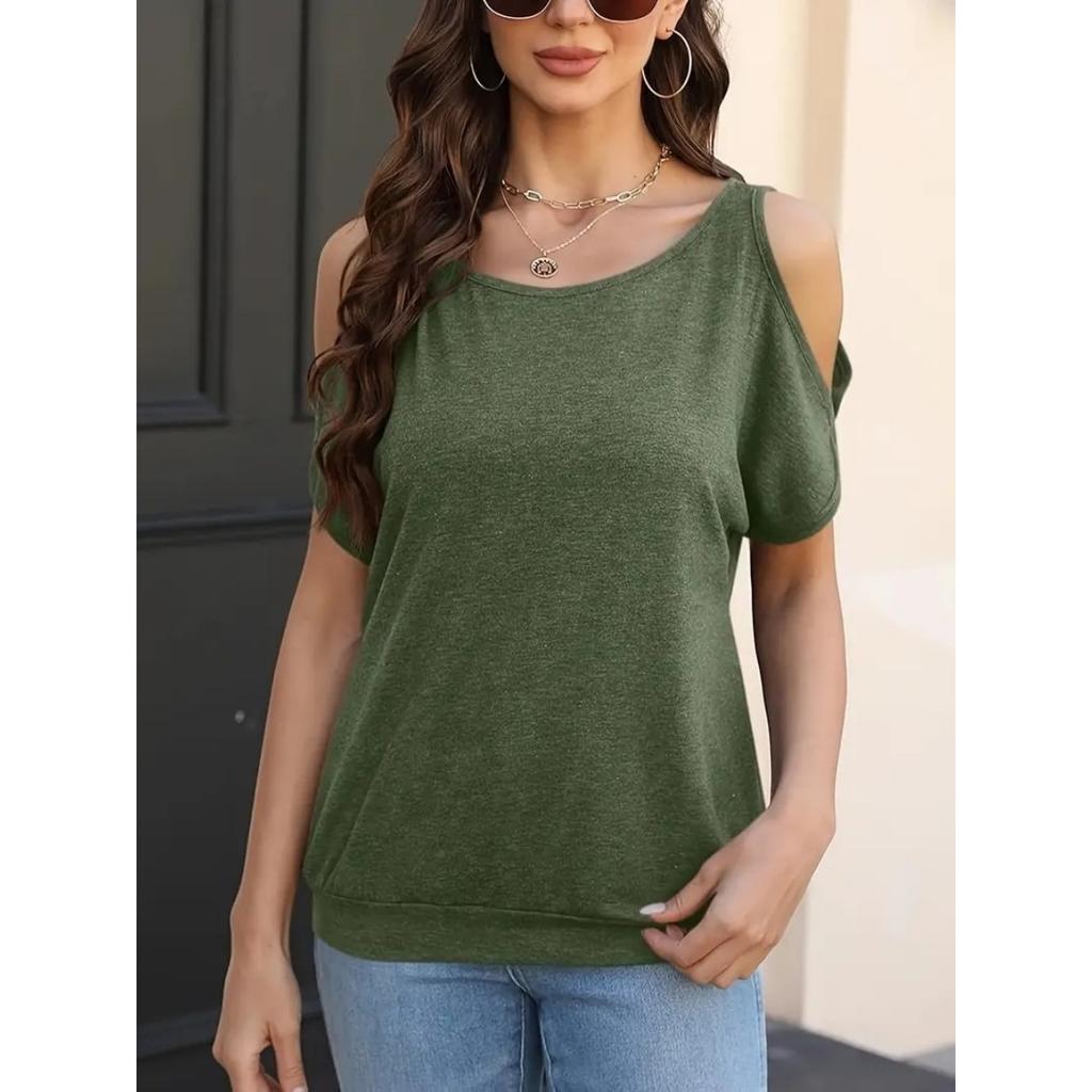 Frühling Sommer Damenmode Cold Shoulder Raglanärmel Einfarbig Lässig T-Shirt Top Für Grenzüberschreitenden Handel