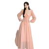 French gentle V-neck bow lace-up dress women's large size fat mm high-end super fairy pink long-sleeved skirt