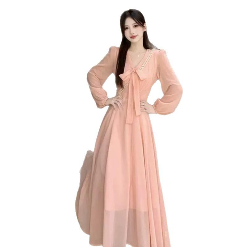 French gentle V-neck bow lace-up dress women's large size fat mm high-end super fairy pink long-sleeved skirt