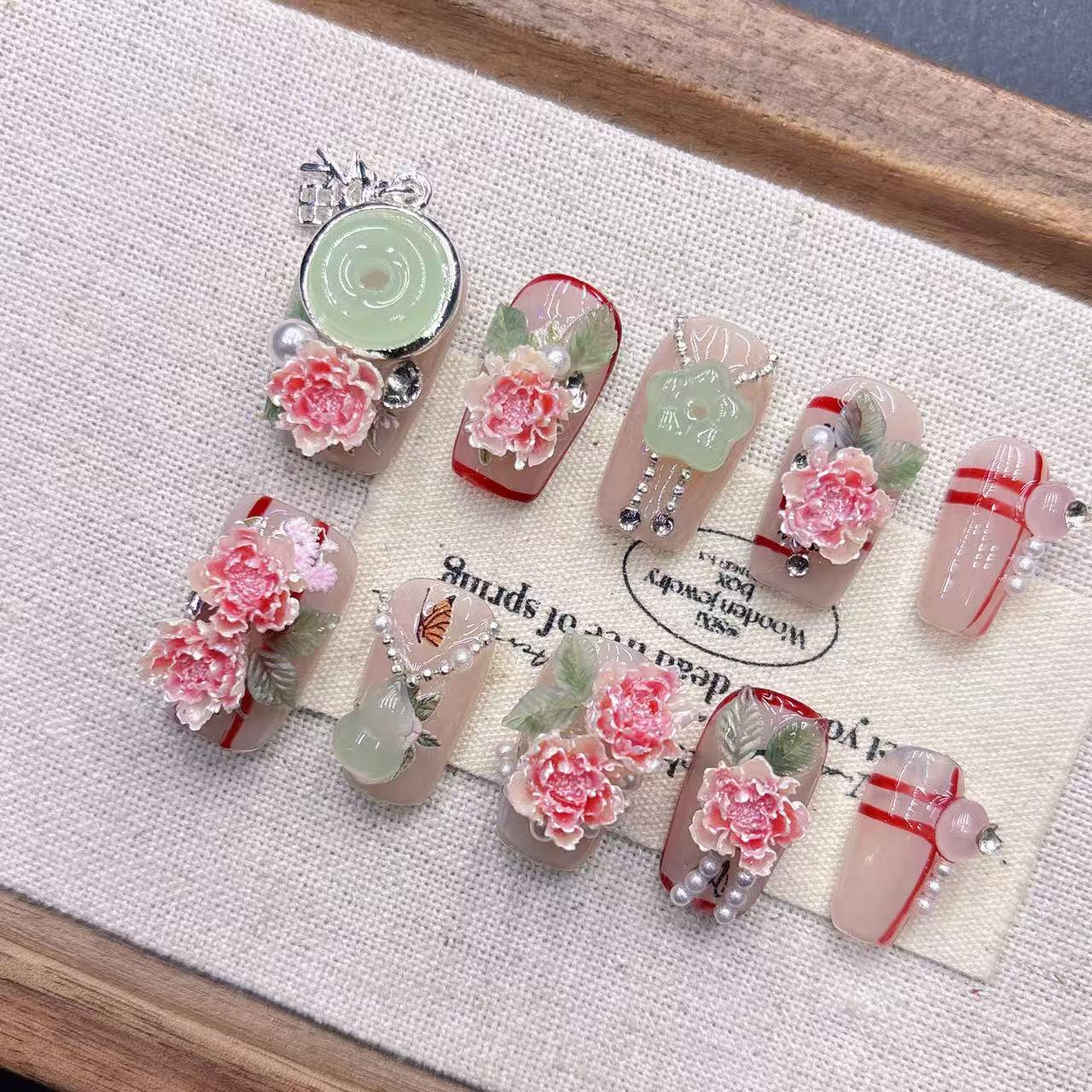 Chinese Style Pink Almond-Shaped Handmade Fake Nail Tips