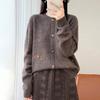 2026 A/W Pure Wool Round Neck Knit Cardigan with Embroidered Cactus Design