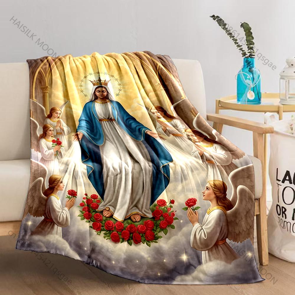 1PC Virgin Mary Surrounded by Angels Print Believer Pray Blanket Warm Soft Flannel Material Suitable for All Seasons Luxury Gift