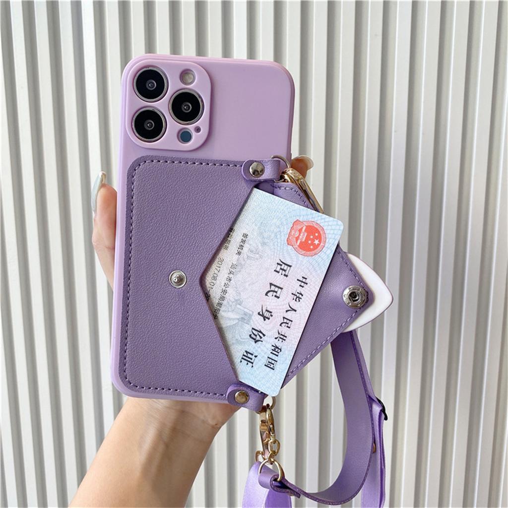 Crossbody Lanyard Necklace Strap Card Holder Purple Case for iPhone 11 15 16 14 Pro Max X XS XR Max Coin Purse Cover